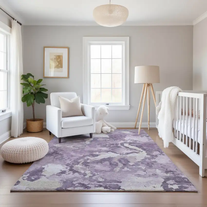 8' Lavender And Ivory Abstract Washable Area Rug With UV Protection Photo 5
