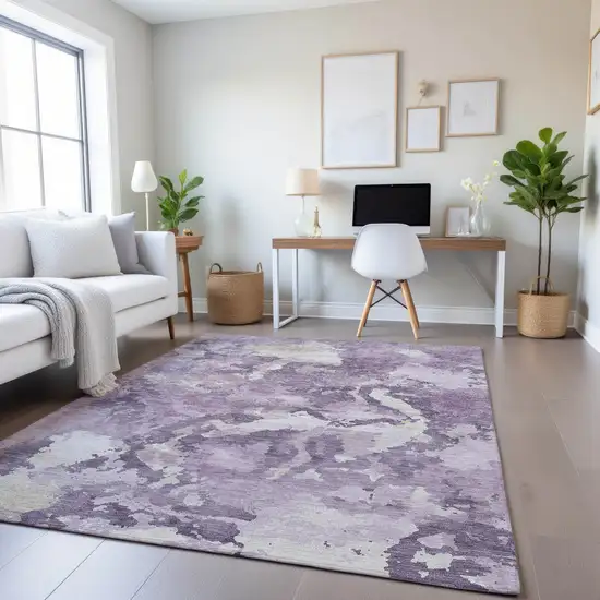 8' Lavender And Ivory Abstract Washable Area Rug With UV Protection Photo 4