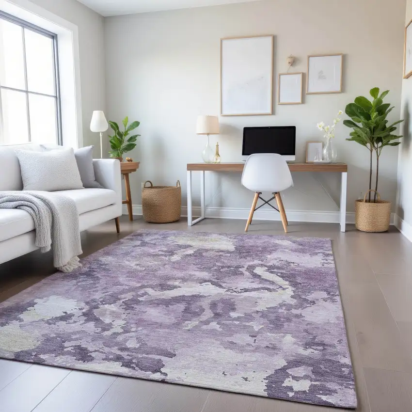 8' Lavender And Ivory Abstract Washable Area Rug With UV Protection Photo 4