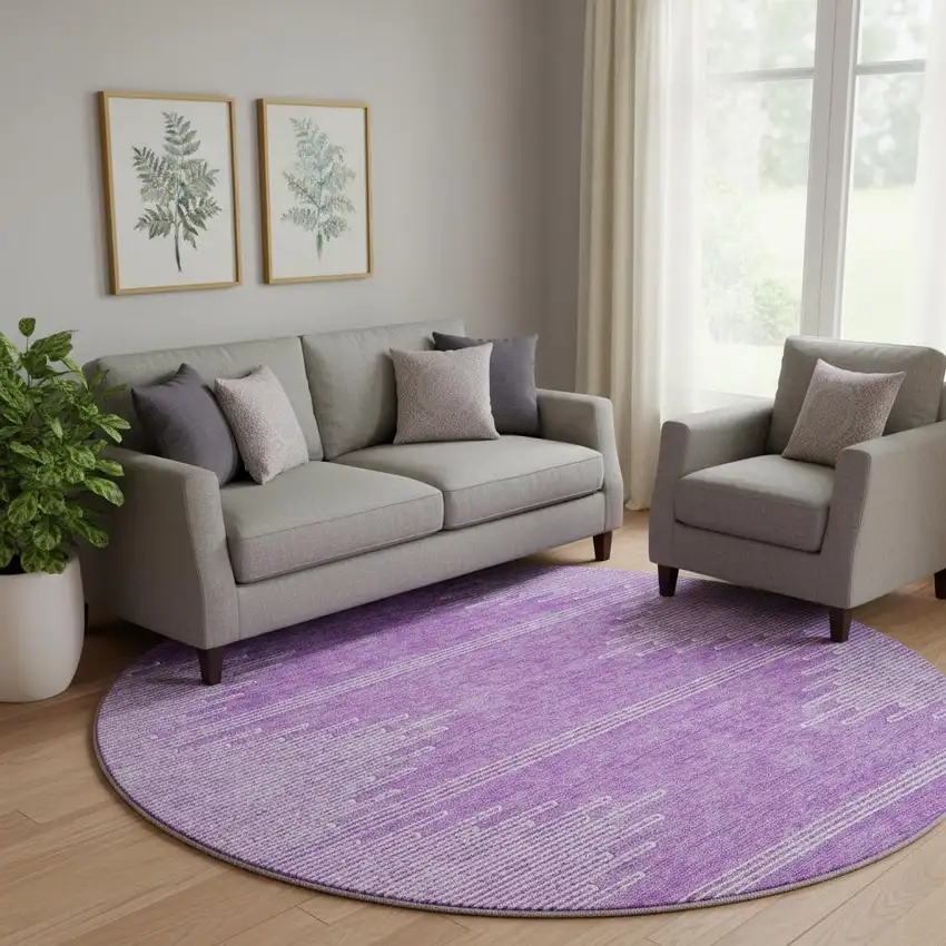 8' Lavender And Ivory Abstract Washable Round Rug With UV Protection Photo 1