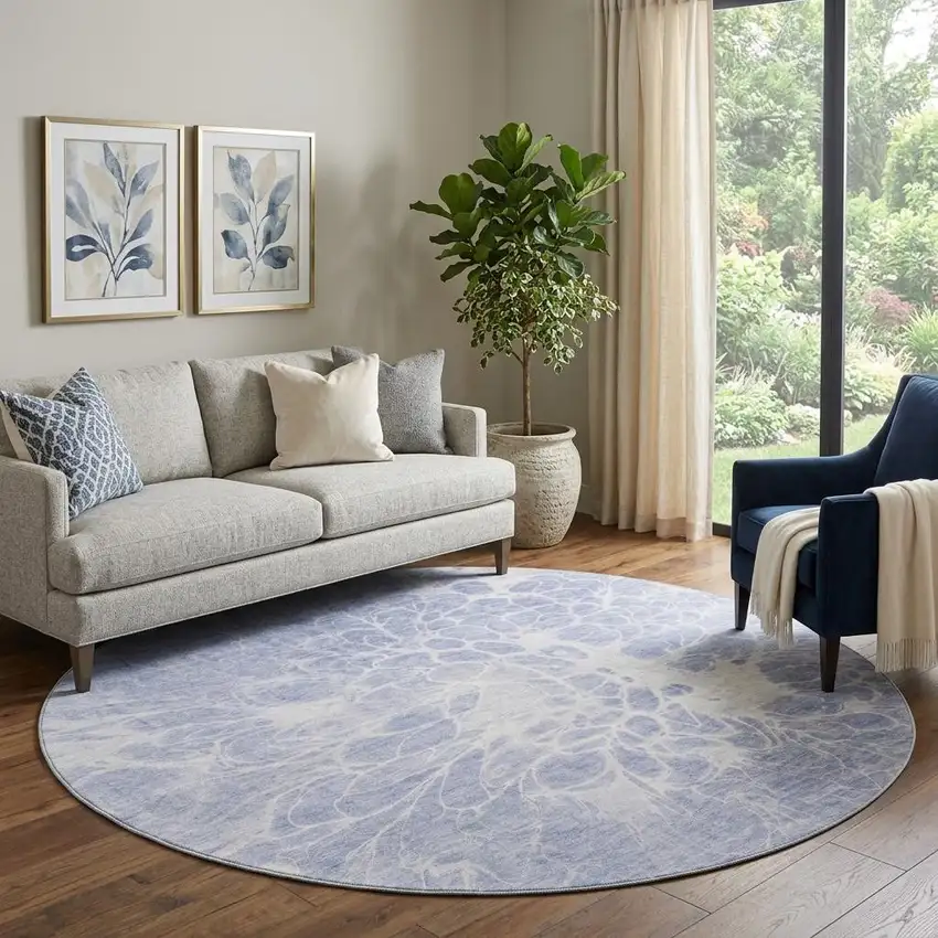 8' Lavender And Ivory Abstract Washable Round Rug With UV Protection Photo 1