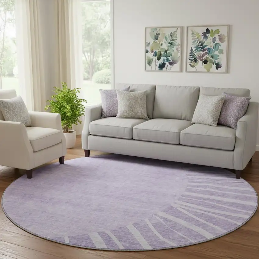 8' Lavender And Ivory Abstract Washable Round Rug With UV Protection Photo 1