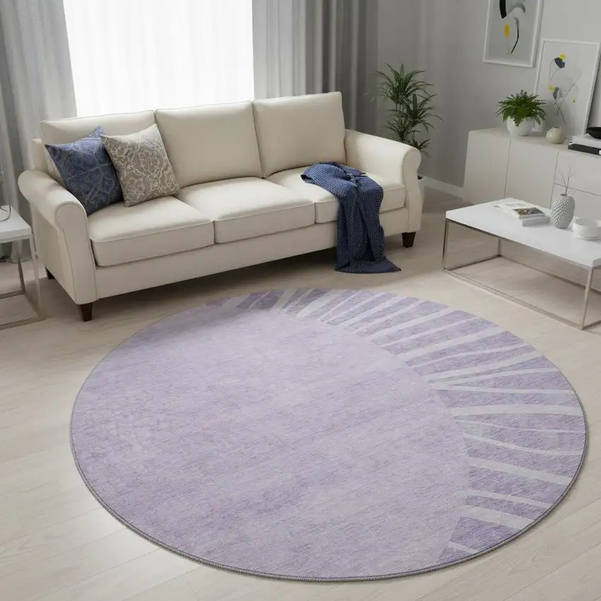8' Lavender And Ivory Abstract Washable Round Rug With UV Protection Photo 2