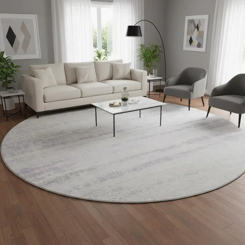 8' Lavender And Ivory Abstract Washable Round Rug With UV Protection Photo 2