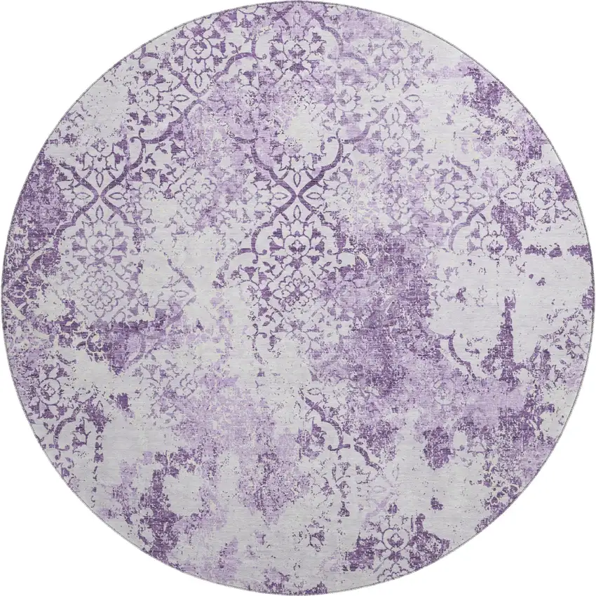 8' Lavender And Ivory Abstract Washable Round Rug With UV Protection Photo 1