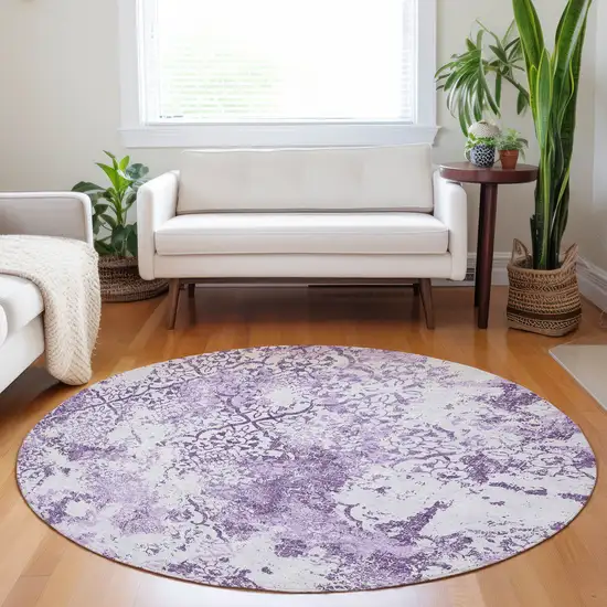 8' Lavender And Ivory Abstract Washable Round Rug With UV Protection Photo 5
