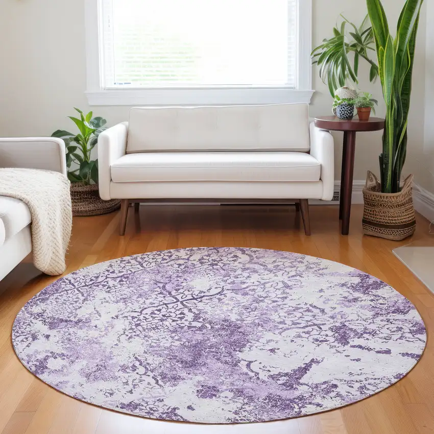 8' Lavender And Ivory Abstract Washable Round Rug With UV Protection Photo 5