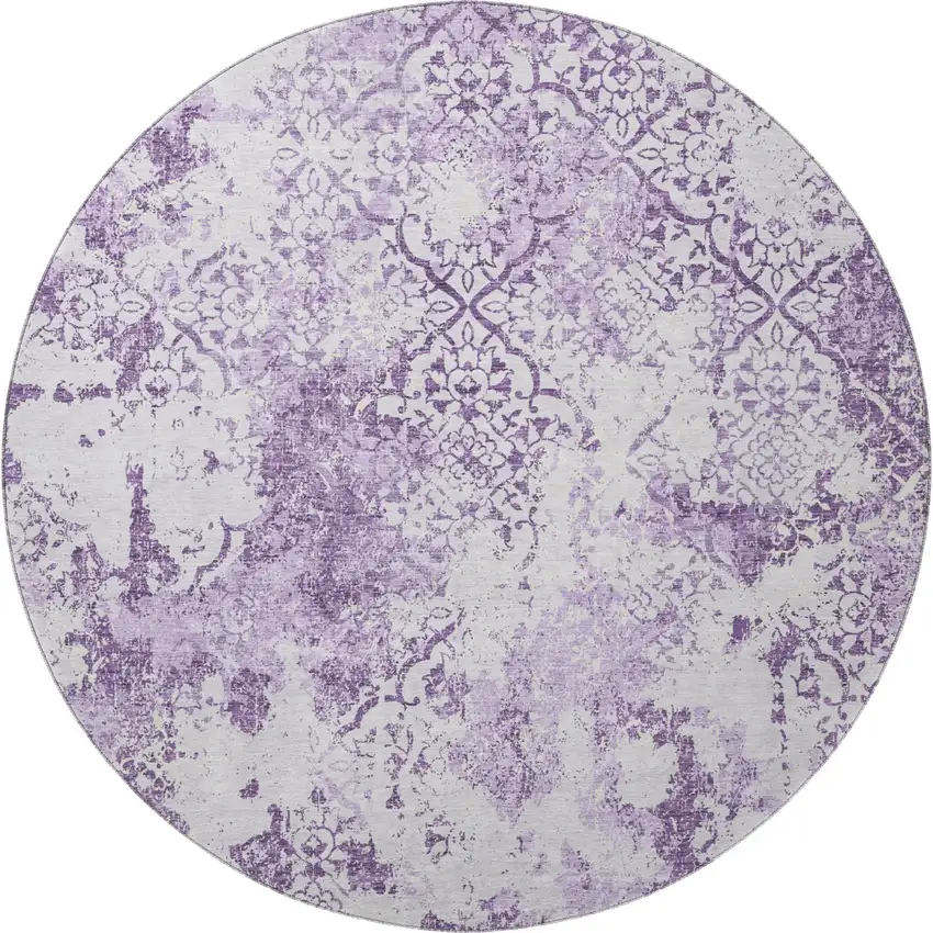 8' Lavender And Ivory Abstract Washable Round Rug With UV Protection Photo 4