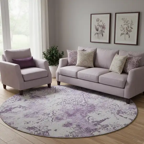 8' Lavender And Ivory Abstract Washable Round Rug With UV Protection Photo 1