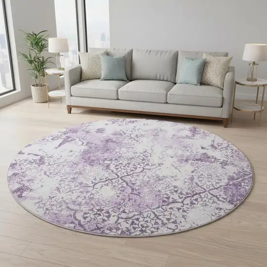 8' Lavender And Ivory Abstract Washable Round Rug With UV Protection Photo 2