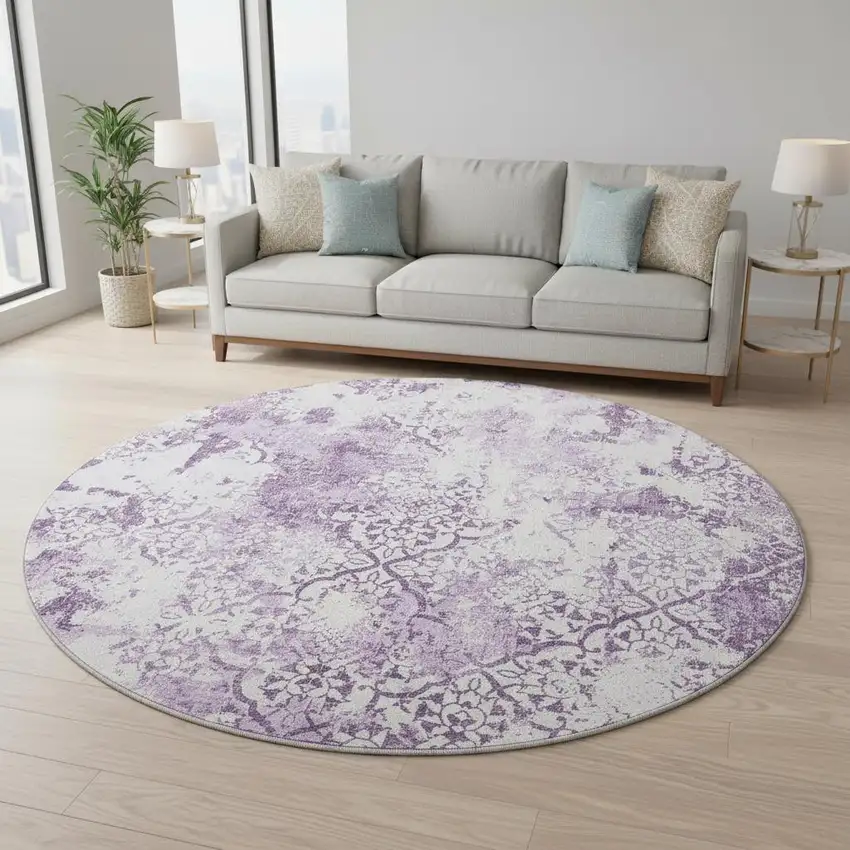 8' Lavender And Ivory Abstract Washable Round Rug With UV Protection Photo 2