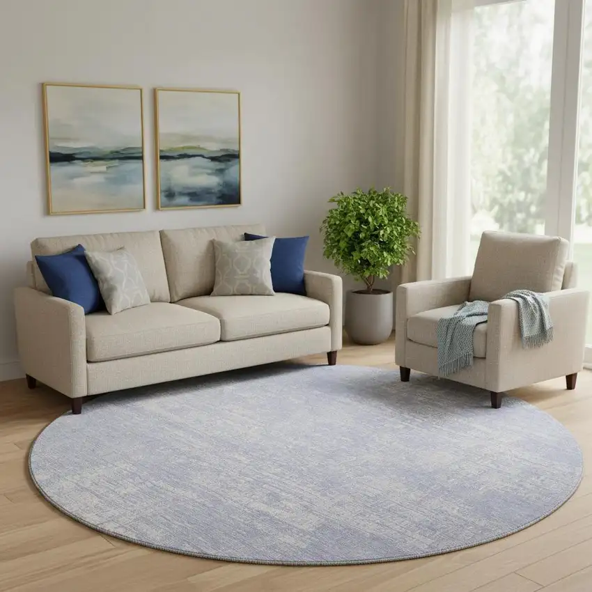 8' Lavender And Ivory Abstract Washable Round Rug With UV Protection Photo 1