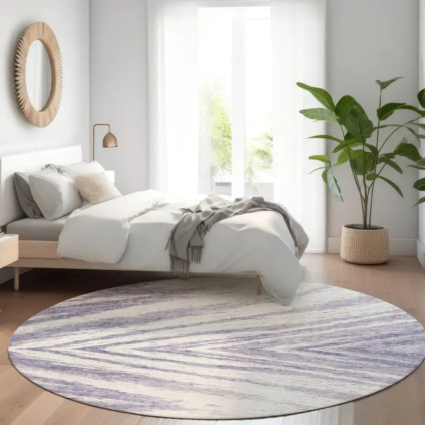 8' Lavender And Ivory Abstract Washable Round Rug With UV Protection Photo 5