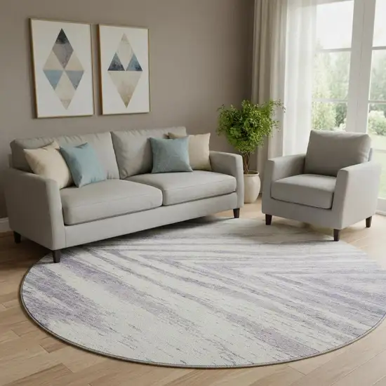 8' Lavender And Ivory Abstract Washable Round Rug With UV Protection Photo 1
