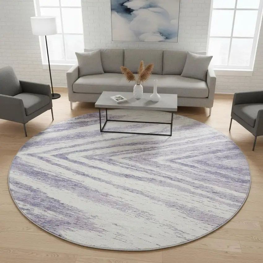 8' Lavender And Ivory Abstract Washable Round Rug With UV Protection Photo 2
