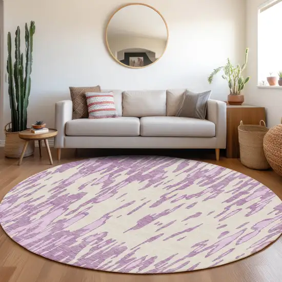 8' Lavender And Ivory Abstract Washable Round Rug With UV Protection Photo 4