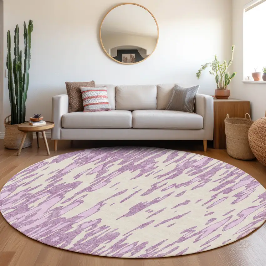 8' Lavender And Ivory Abstract Washable Round Rug With UV Protection Photo 4