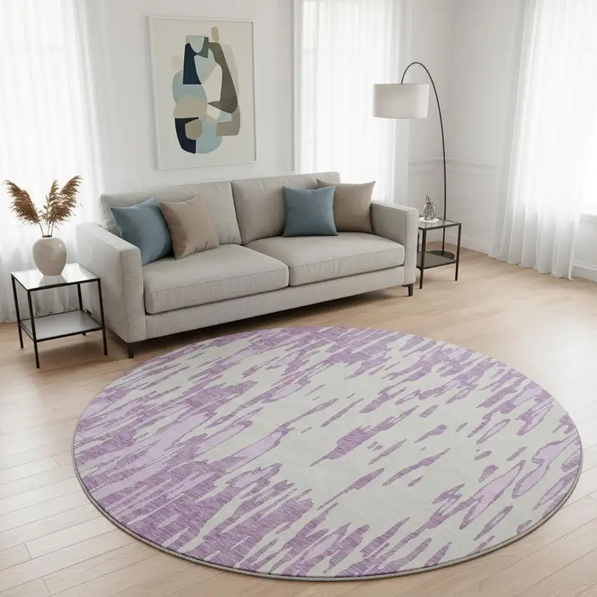 8' Lavender And Ivory Abstract Washable Round Rug With UV Protection Photo 2