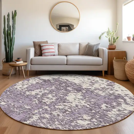 8' Lavender And Ivory Abstract Washable Round Rug With UV Protection Photo 4