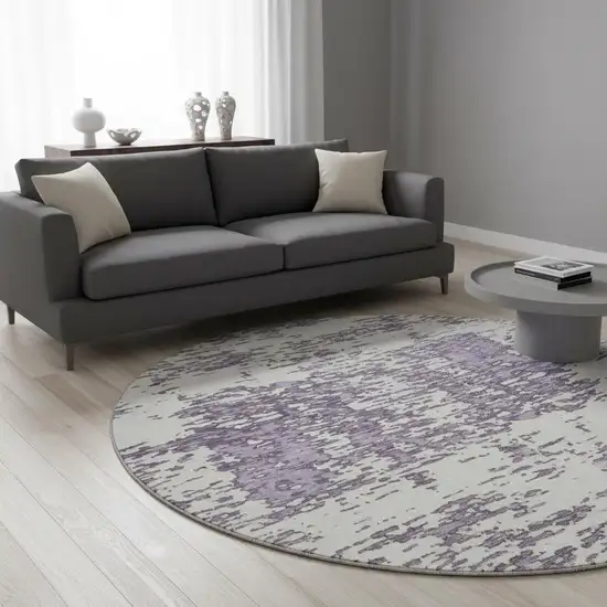 8' Lavender And Ivory Abstract Washable Round Rug With UV Protection Photo 2