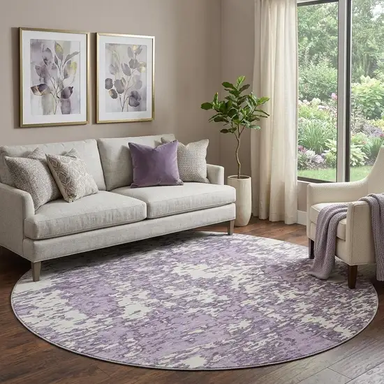 8' Lavender And Ivory Abstract Washable Round Rug With UV Protection Photo 1