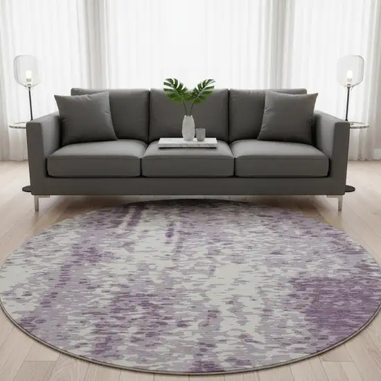 8' Lavender And Ivory Abstract Washable Round Rug With UV Protection Photo 2