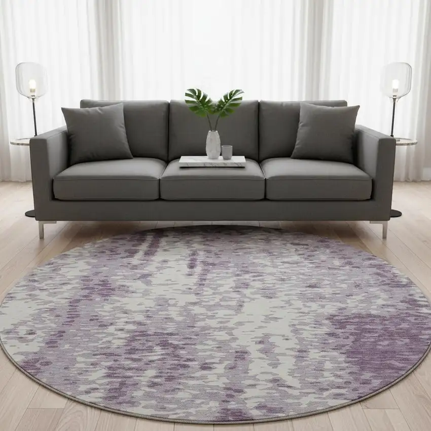 8' Lavender And Ivory Abstract Washable Round Rug With UV Protection Photo 2