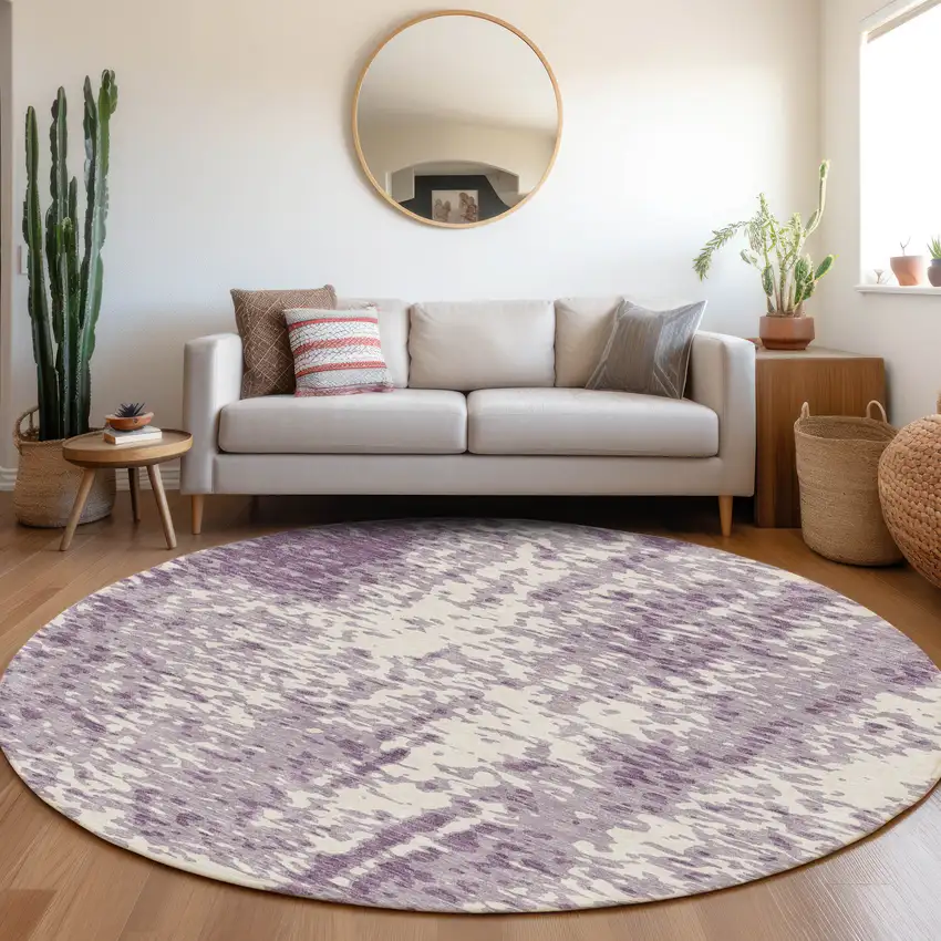 8' Lavender And Ivory Abstract Washable Round Rug With UV Protection Photo 4