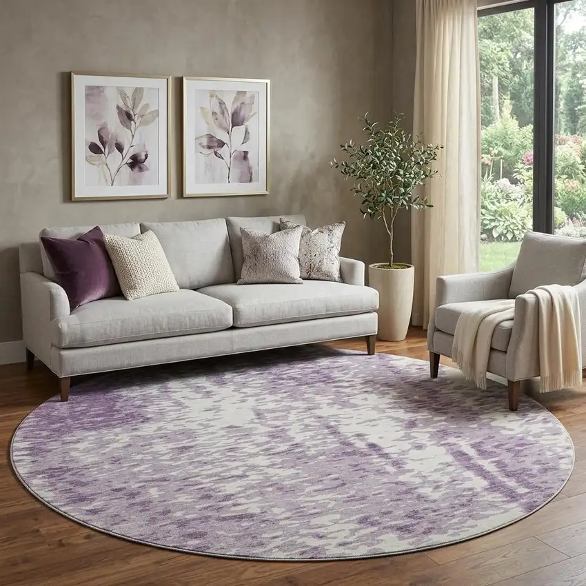 8' Lavender And Ivory Abstract Washable Round Rug With UV Protection Photo 1