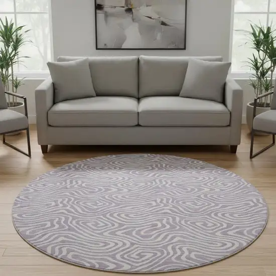 8' Lavender And Ivory Abstract Washable Round Rug With UV Protection Photo 2