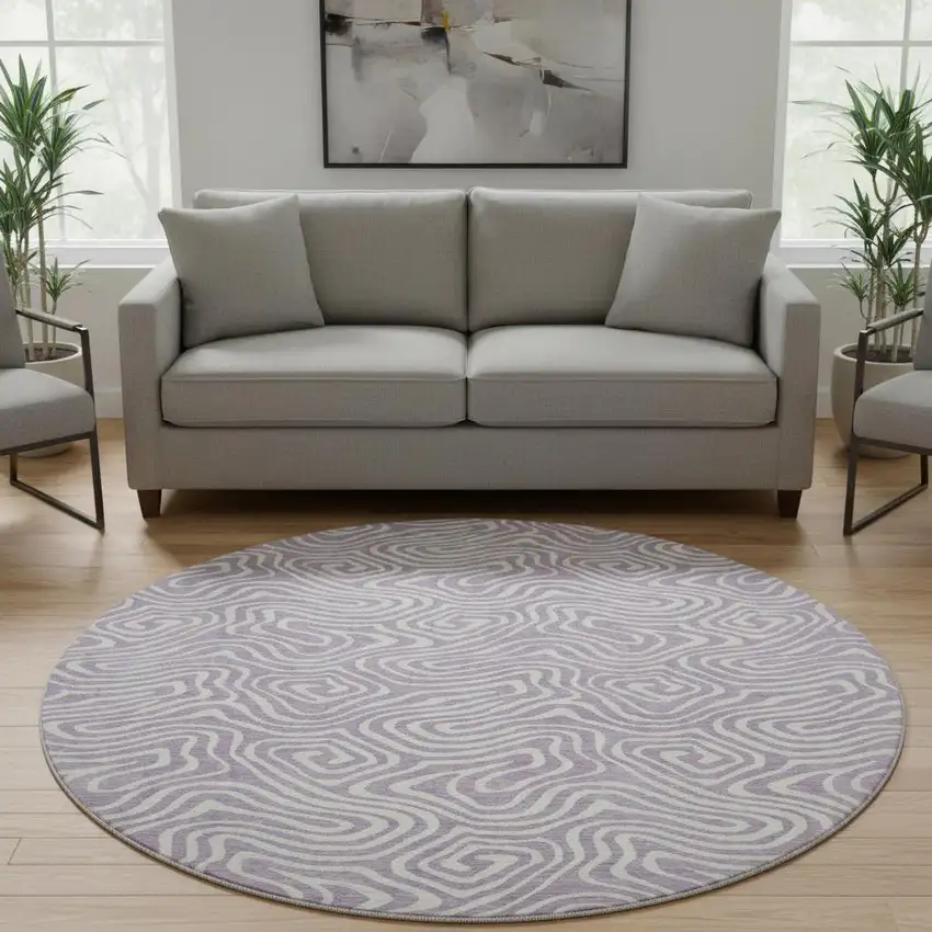 8' Lavender And Ivory Abstract Washable Round Rug With UV Protection Photo 2
