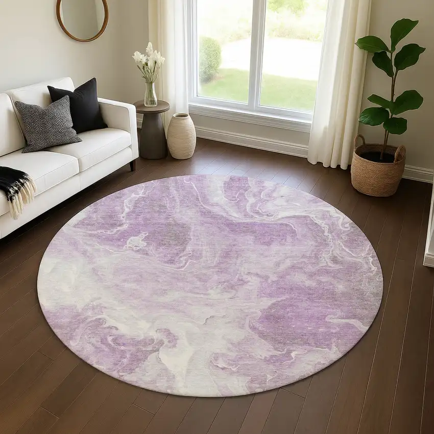 8' Lavender And Ivory Abstract Washable Round Rug With UV Protection Photo 4