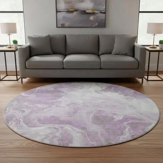 8' Lavender And Ivory Abstract Washable Round Rug With UV Protection Photo 2