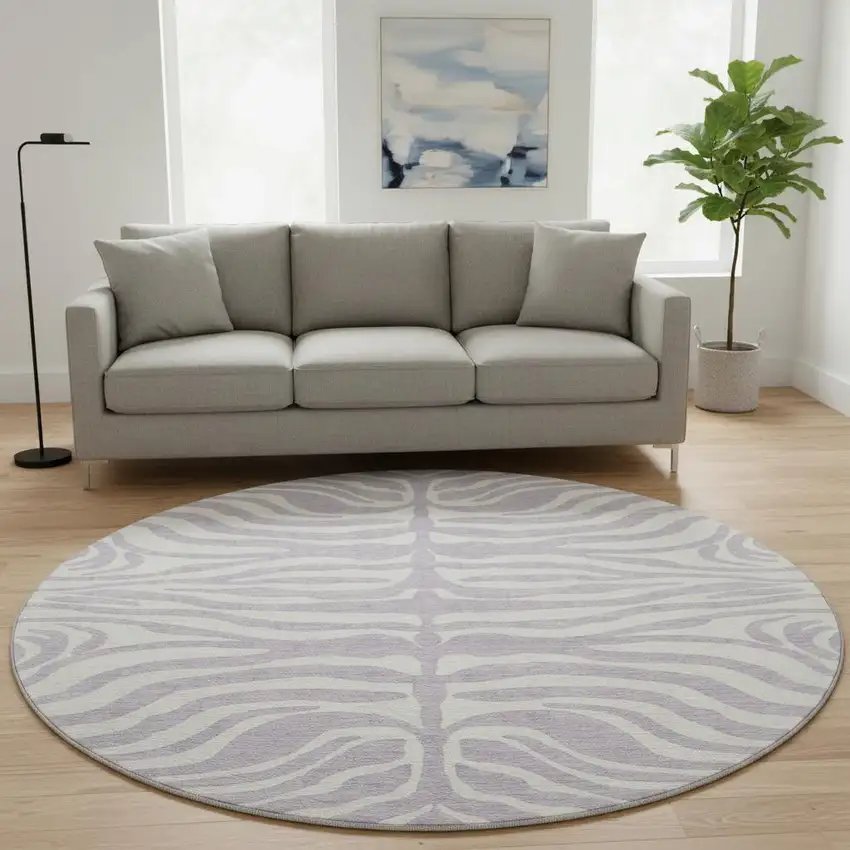 8' Lavender And Ivory Animal Print Washable Round Rug With UV Protection Photo 2