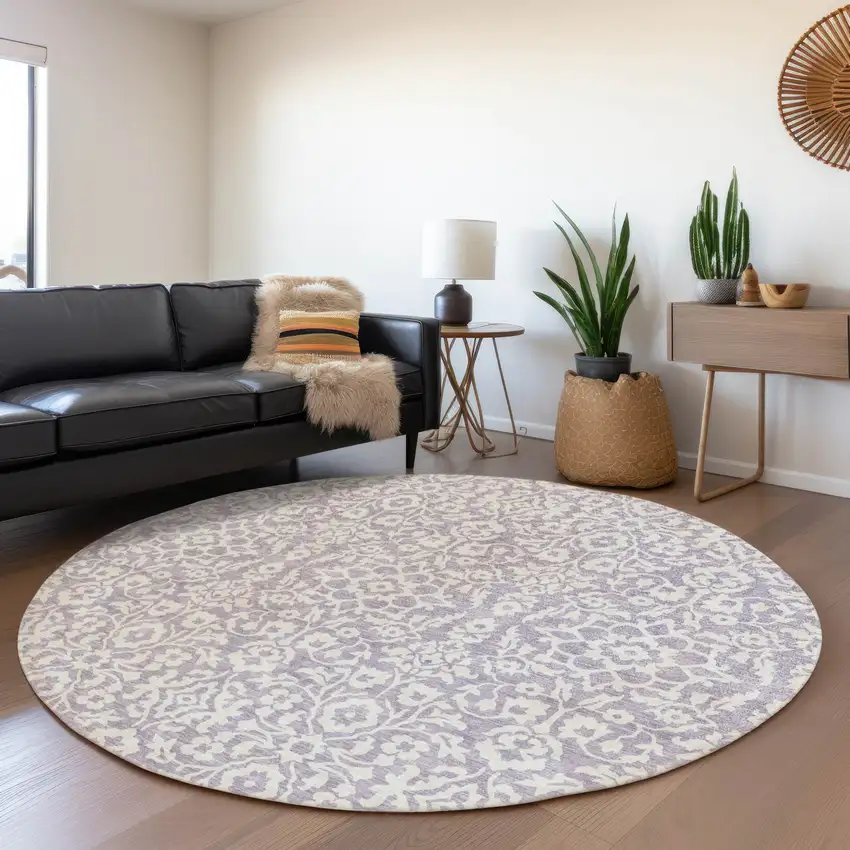 8' Lavender And Ivory Damask Washable Round Rug With UV Protection Photo 4