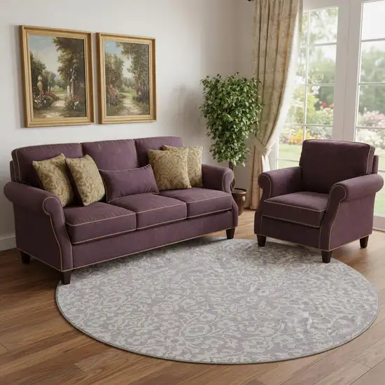 8' Lavender And Ivory Damask Washable Round Rug With UV Protection Photo 1