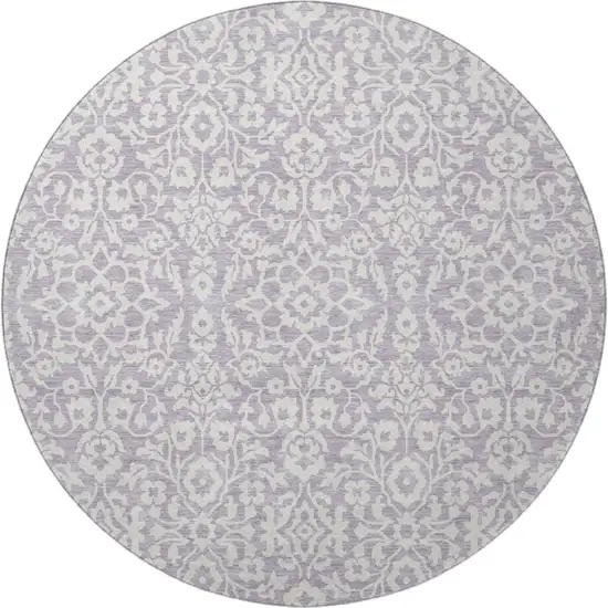 8' Lavender And Ivory Damask Washable Round Rug With UV Protection Photo 3