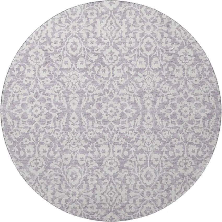 8' Lavender And Ivory Damask Washable Round Rug With UV Protection Photo 3