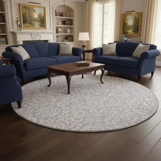 8' Lavender And Ivory Damask Washable Round Rug With UV Protection Photo 2