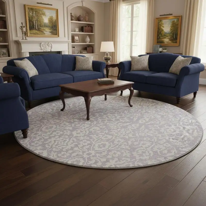 8' Lavender And Ivory Damask Washable Round Rug With UV Protection Photo 2