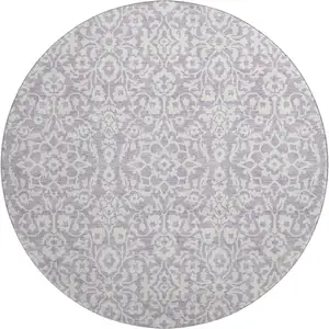 Photo of 8' Lavender And Ivory Damask Washable Round Rug With UV Protection