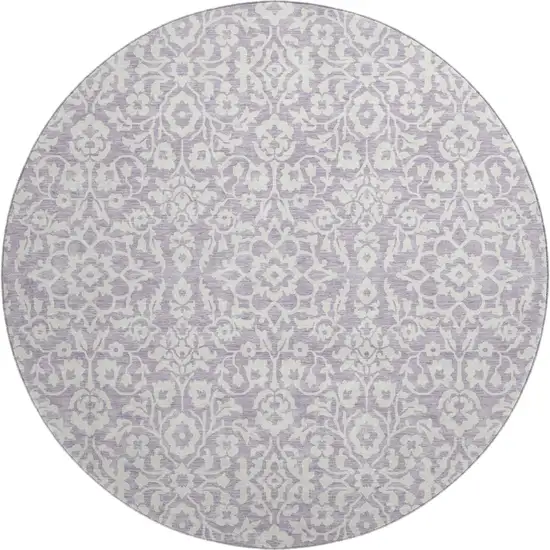 8' Lavender And Ivory Damask Washable Round Rug With UV Protection Photo 1