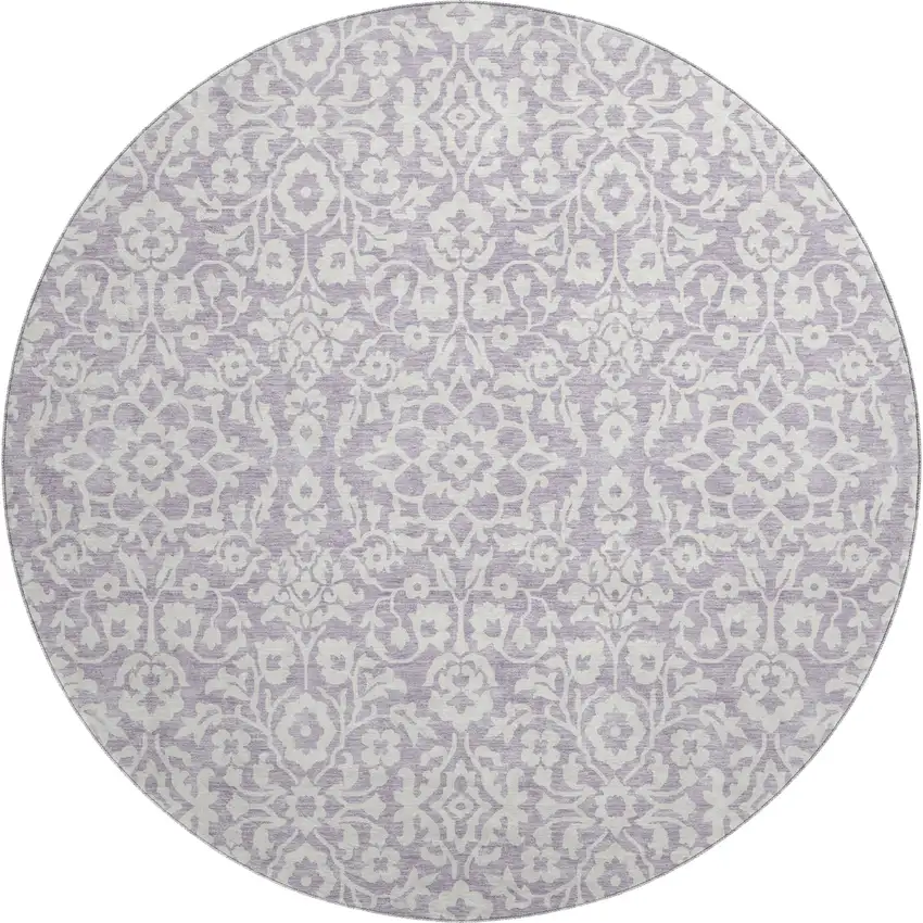 8' Lavender And Ivory Damask Washable Round Rug With UV Protection Photo 1