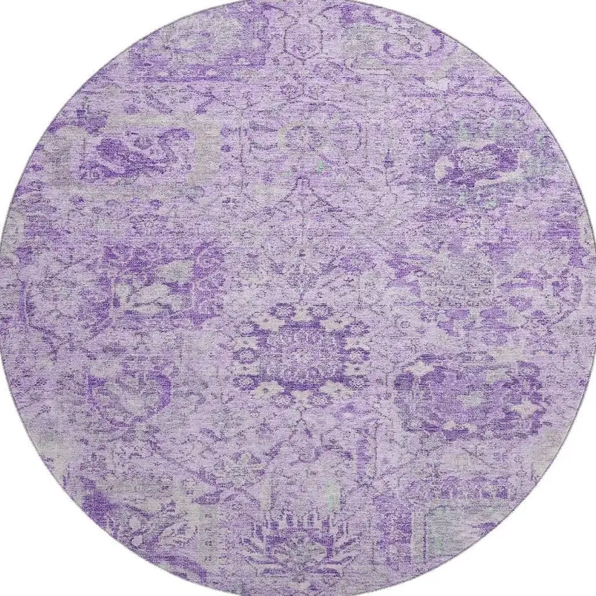 8' Lavender And Ivory Damask Washable Round Rug With UV Protection Photo 3