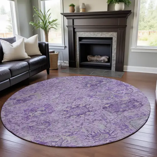 8' Lavender And Ivory Damask Washable Round Rug With UV Protection Photo 4
