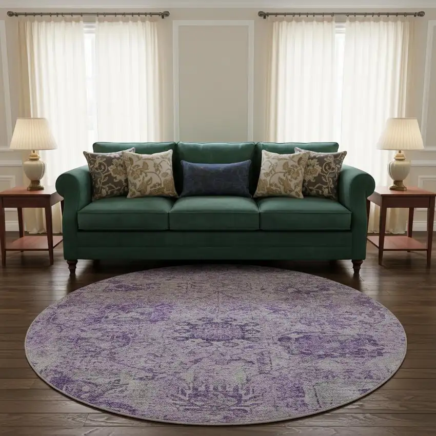 8' Lavender And Ivory Damask Washable Round Rug With UV Protection Photo 2