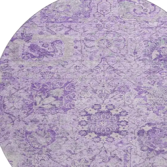 8' Lavender And Ivory Damask Washable Round Rug With UV Protection Photo 2