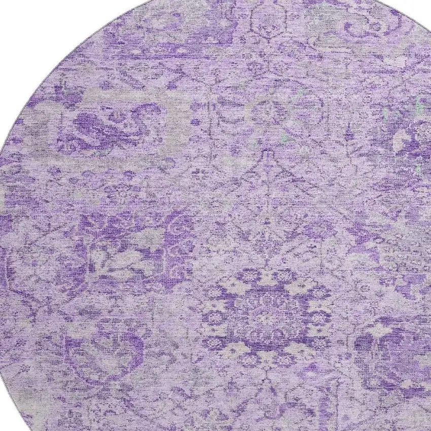 8' Lavender And Ivory Damask Washable Round Rug With UV Protection Photo 2