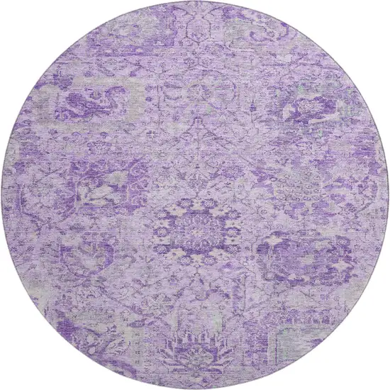 8' Lavender And Ivory Damask Washable Round Rug With UV Protection Photo 1