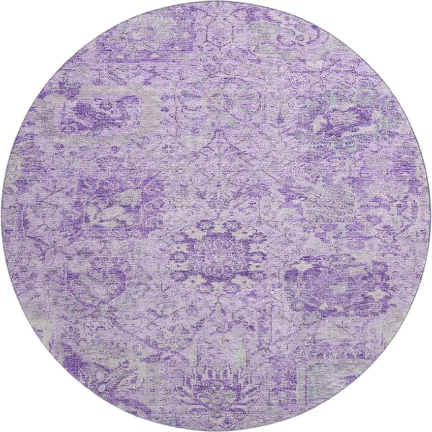 8' Lavender And Ivory Damask Washable Round Rug With UV Protection Photo 1